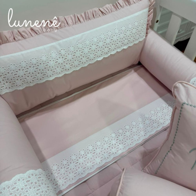 Kit Berço 100% Algodão 200 Fios Personalizado 08 Peças Manuela Baby Rose 4671