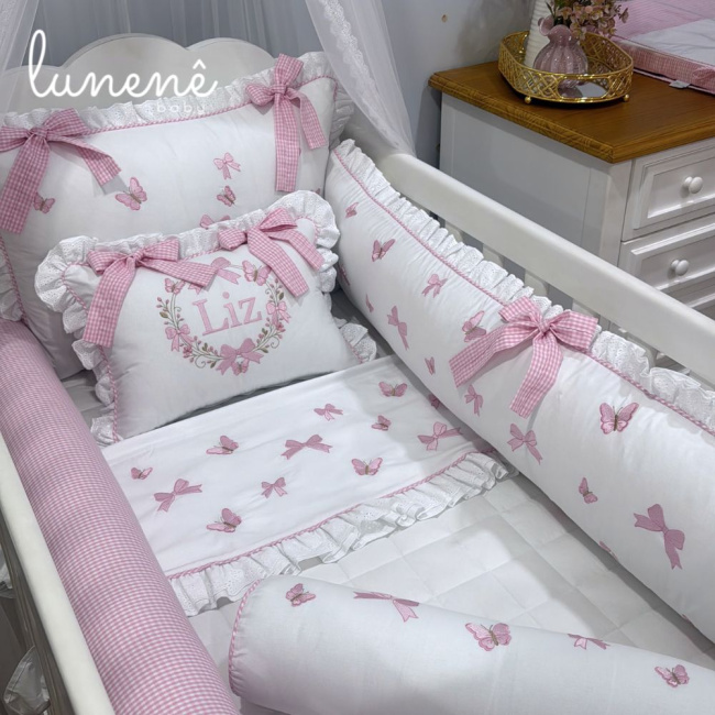 Kit Berço 100% Algodão 200 Fios Personalizado 09 Peças Borboleta Rosa Liz 4698