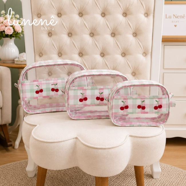 Kit Frasqueira Maternidade Xadrez Rosa 03 Peças 4639