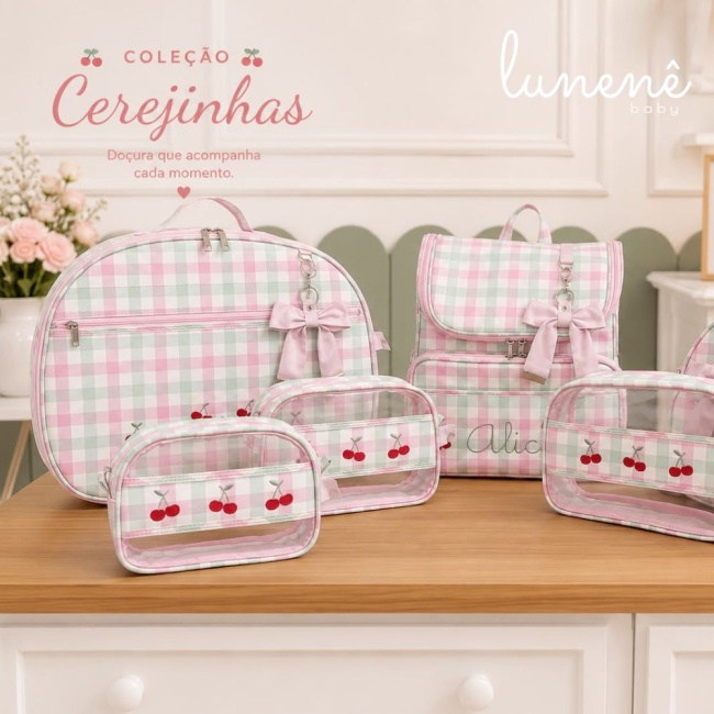 Kit Frasqueira Maternidade Xadrez Rosa 03 Peças 4639