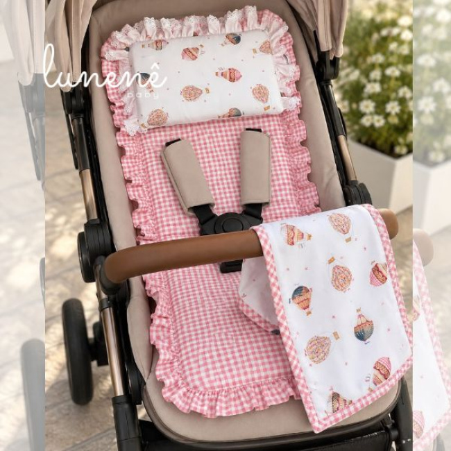 Kit Passeio Colchonete para Carrinho de Bebê Balão Rosa