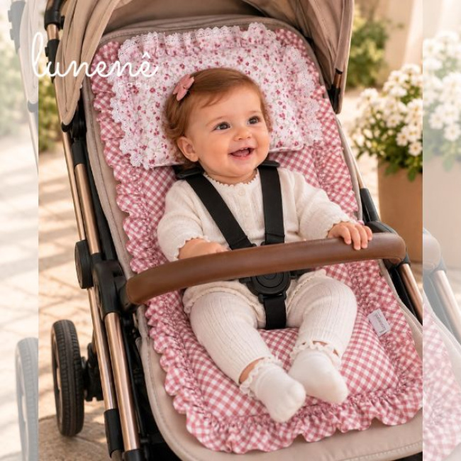 Kit Passeio Colchonete para Carrinho de Bebê Xadrez Rose