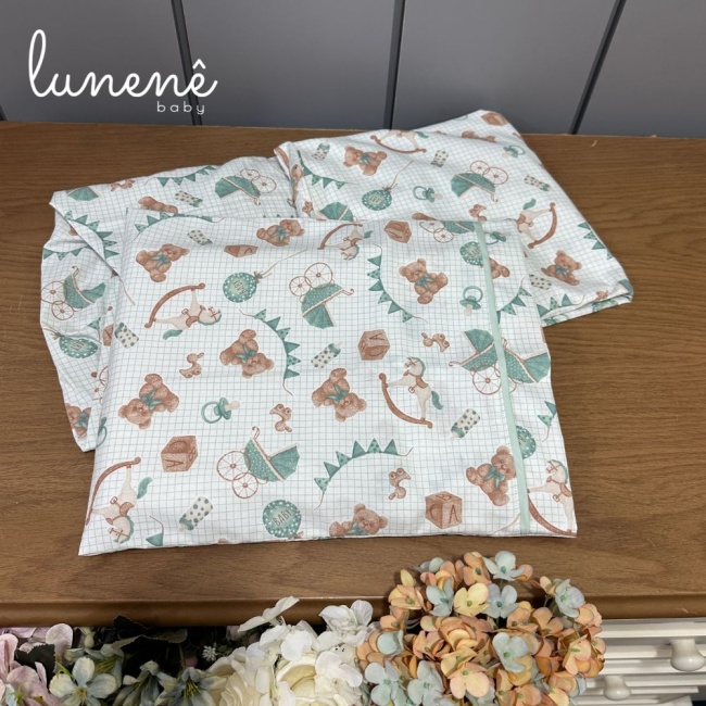 Lençol de Berço 02 Peças Estampa Ursinho + Travesseiro Anti Sufocante