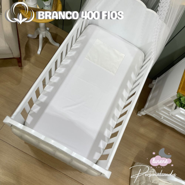 Lençol de Berço 02 Peças Percal de Algodão Branco 400 Fios