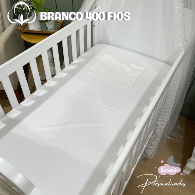 Lençol de Berço 02 Peças Percal de Algodão Branco 400 Fios