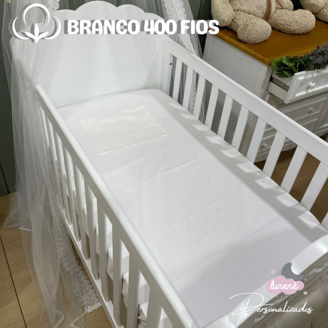 Lençol de Berço 02 Peças Percal de Algodão Branco 400 Fios