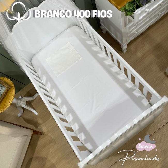 Lençol de Berço 02 Peças Percal de Algodão Branco 400 Fios