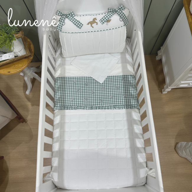 Lençol de Berço 03 Peças Cavalinho Xadrez Verde 200 Fios