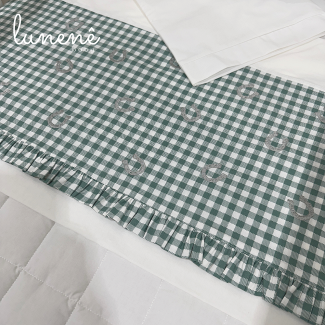 Lençol de Berço 03 Peças Cavalinho Xadrez Verde 200 Fios