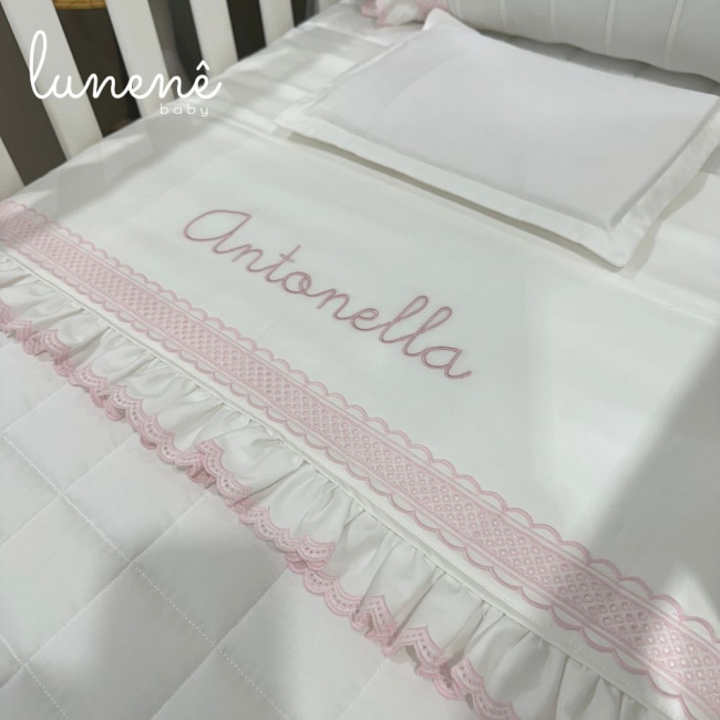 Lençol de Berço 03 Peças Lunenê Baby Castelli Rosa 400 Fios 4583