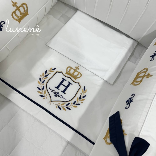 Lençol de Berço 03 Peças Personalizado Coroinha Marinho 160 Fios 4633