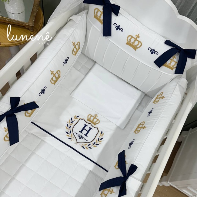 Lençol de Berço 03 Peças Personalizado Coroinha Marinho 160 Fios 4633