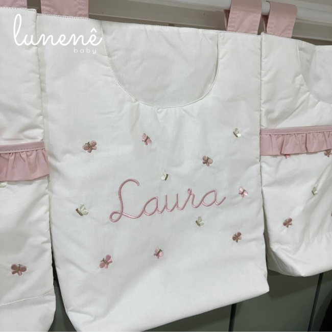 Porta Objeto 03 Peças Borboletas Rose Laura com Nome do Bebê
