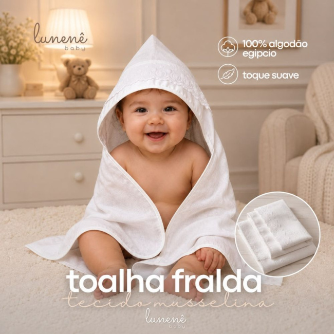 Toalha de Banho Bebê com Capuz em Fralda de Musselina