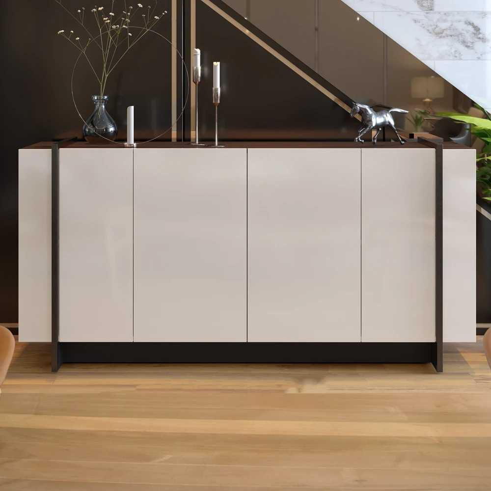 BalcÃ£o Buffet Copacabana 4 Portas 2 Prateleiras Off White / Nogueira Real / Preto Fosco - Colibri