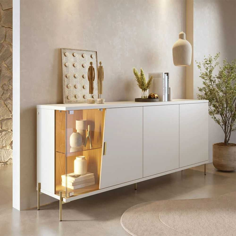 BalcÃ£o Buffet Sena 4 Portas 4 Prateleira com Vidro Off White Matte / FreijÃ³ - Colibri