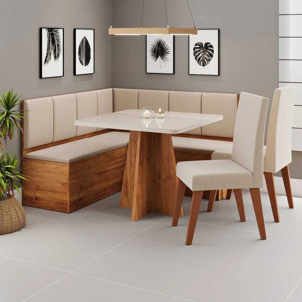 Canto AlemÃ£o Gourmet com 2 Cadeiras e Vidro Mel / Off White / Linho Bronze - Viero MÃ³veis