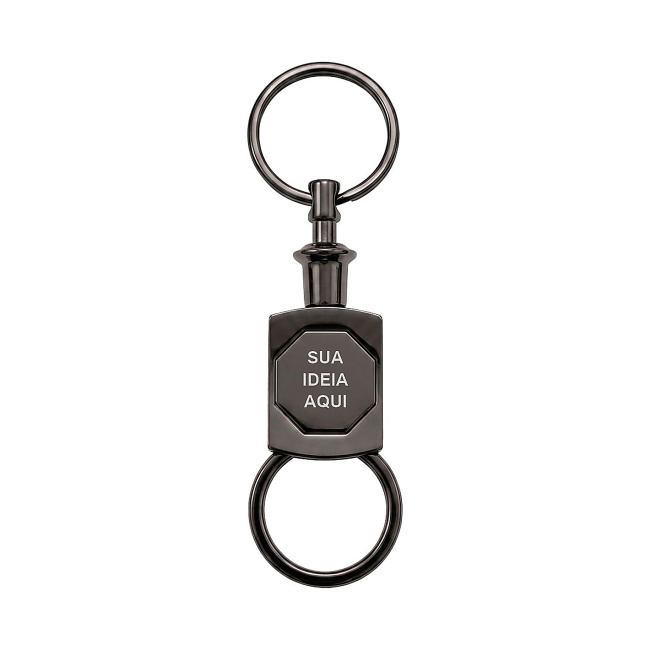 Chaveiro de Metal Executivo com Argola Destacável e Mosquetão Giratório sobre fundo branco