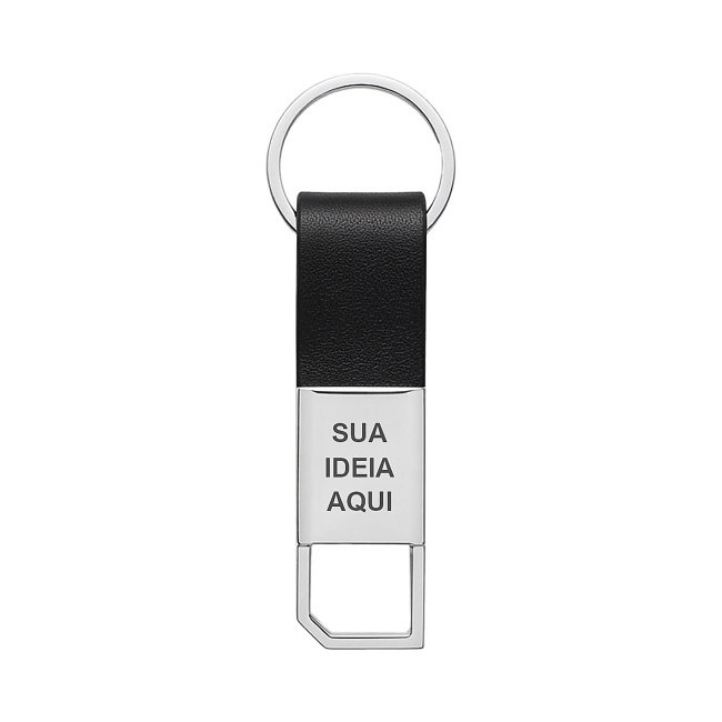 Chaveiro de Metal Executivo com Couro Preto e Mosquetão Giratório sobre fundo branco