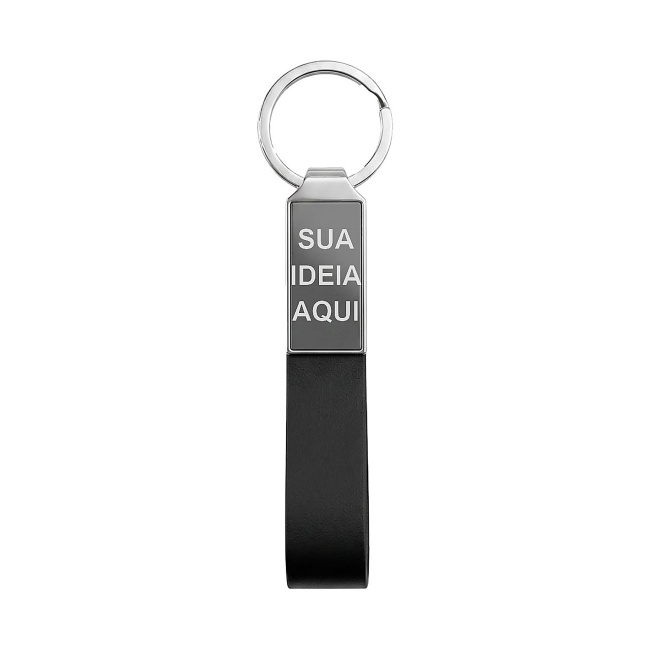 Chaveiro de Metal Executivo Cromado com Couro Sintético Preto sobre fundo branco