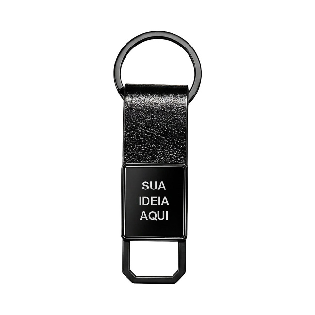 Chaveiro de Metal Executivo Preto com Couro e Mosquetão Giratório sobre fundo branco