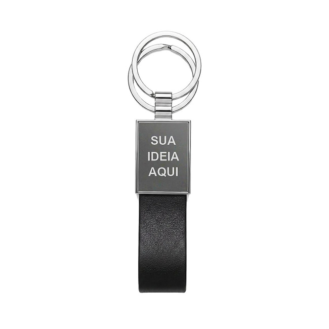 Chaveiro de Metal Executivo Preto com Couro Sintético e Duas Argolas sobre fundo branco