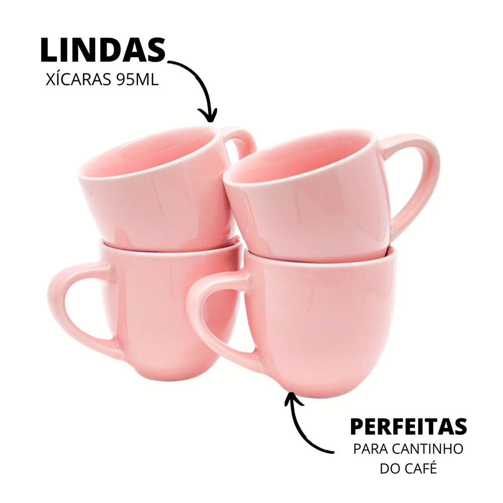 Jogo de 6 Xícaras de Café Cônica Coquinho 70 ml e Açucareiro de Porcelana  Pintado à Mão ROSAS BRANCA ROSA/ROSA CARAMELO