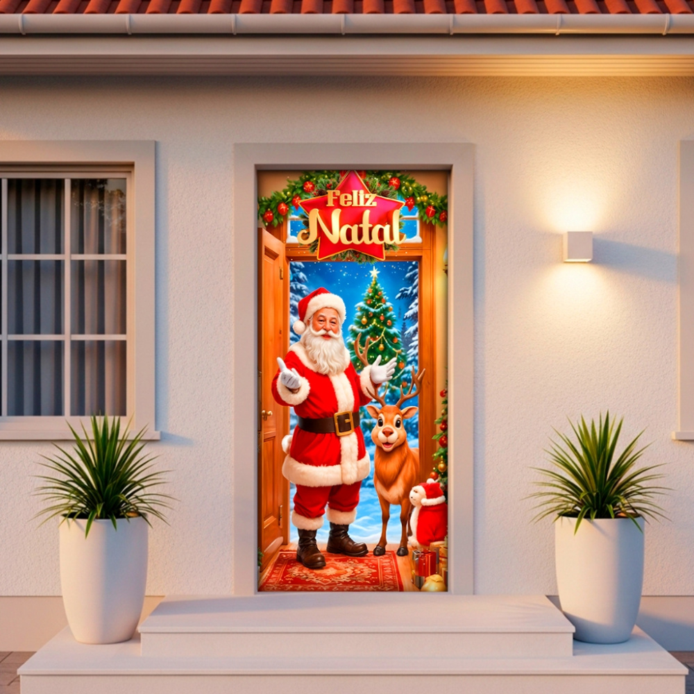 Capa de porta natalina Papai Noel com rena em uma entrada
