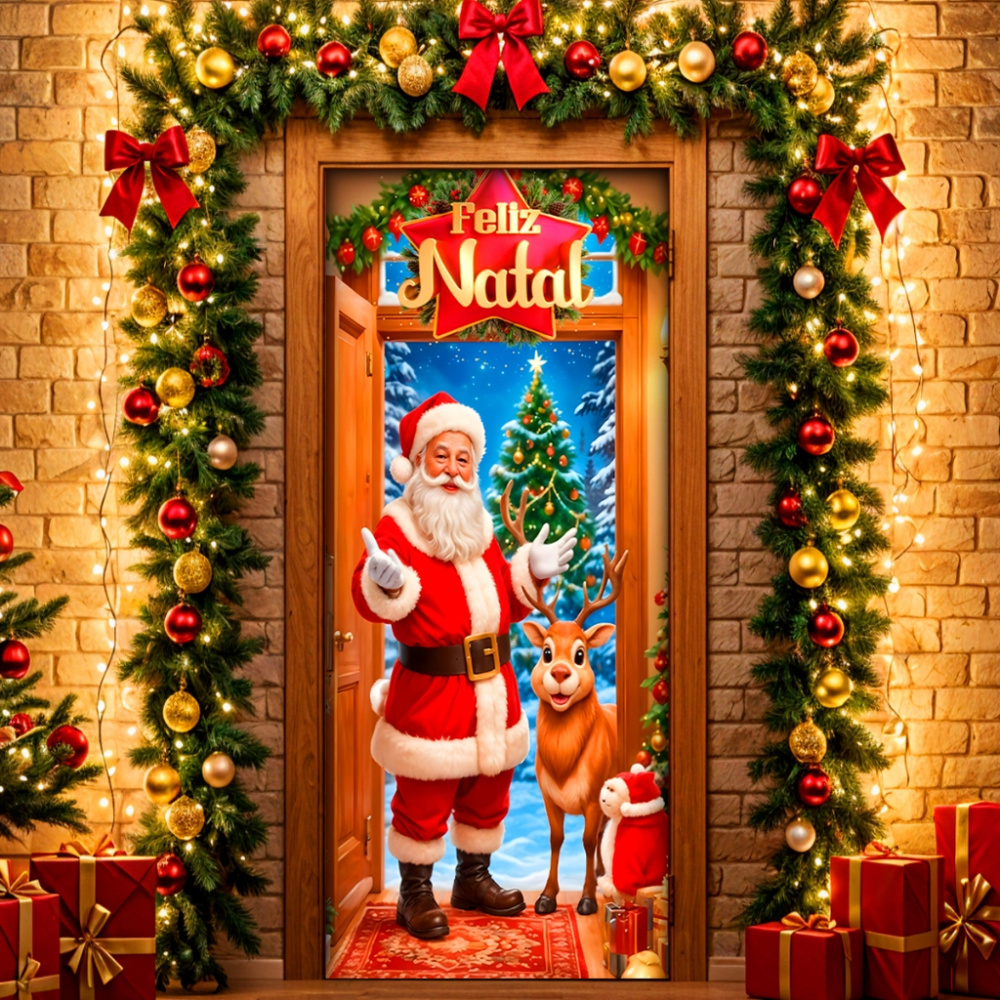 Prévia da estampa Papai Noel com rena na capa de porta natalina