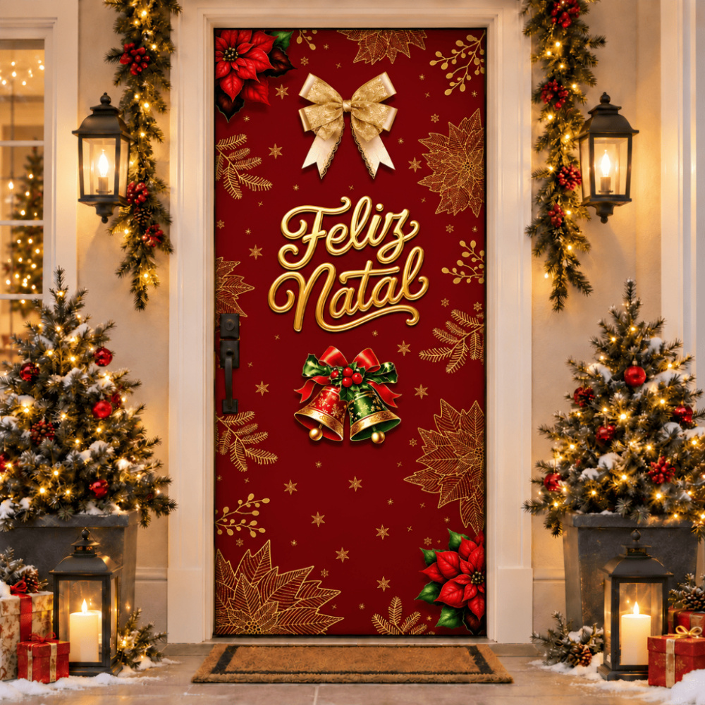 Estampa vermelha Feliz Natal aplicada à porta