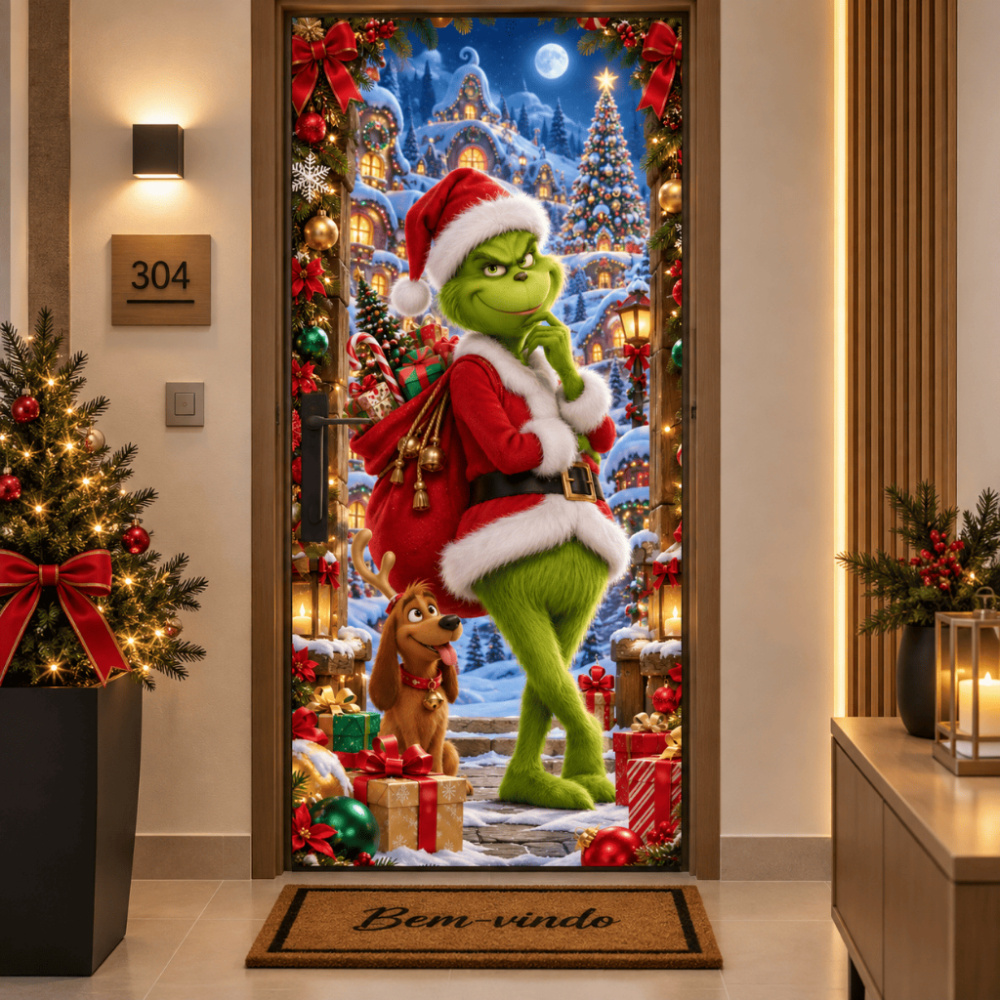 Estampa Grinch aplicada à porta