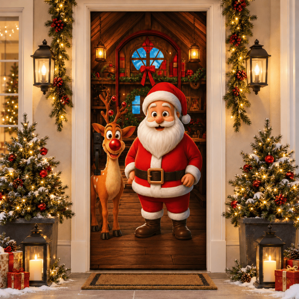 Estampa Papai Noel em pé com rena aplicada à porta