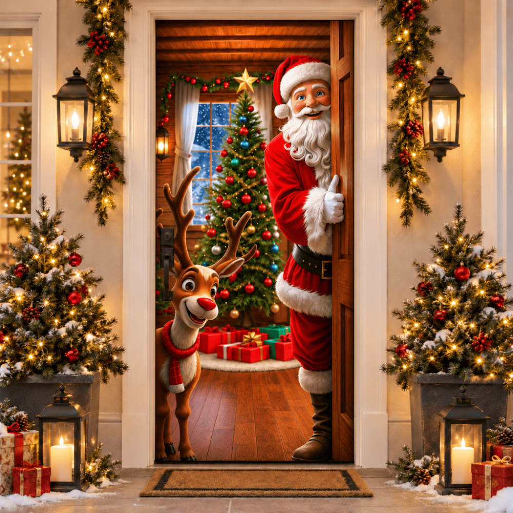 Estampa Papai Noel espiando com rena aplicada à porta