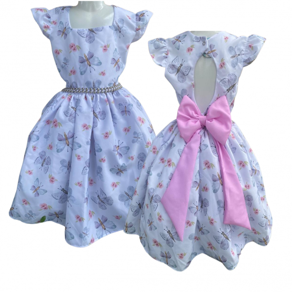 Vestido Infantil Branco Com Borboletas Rosas Pink - Trapézio