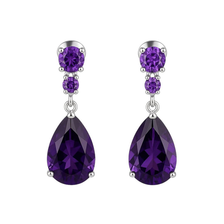 Brinco Gota Roxo em Prata 925 Pedra Ametista (ZIRCÔNIA)