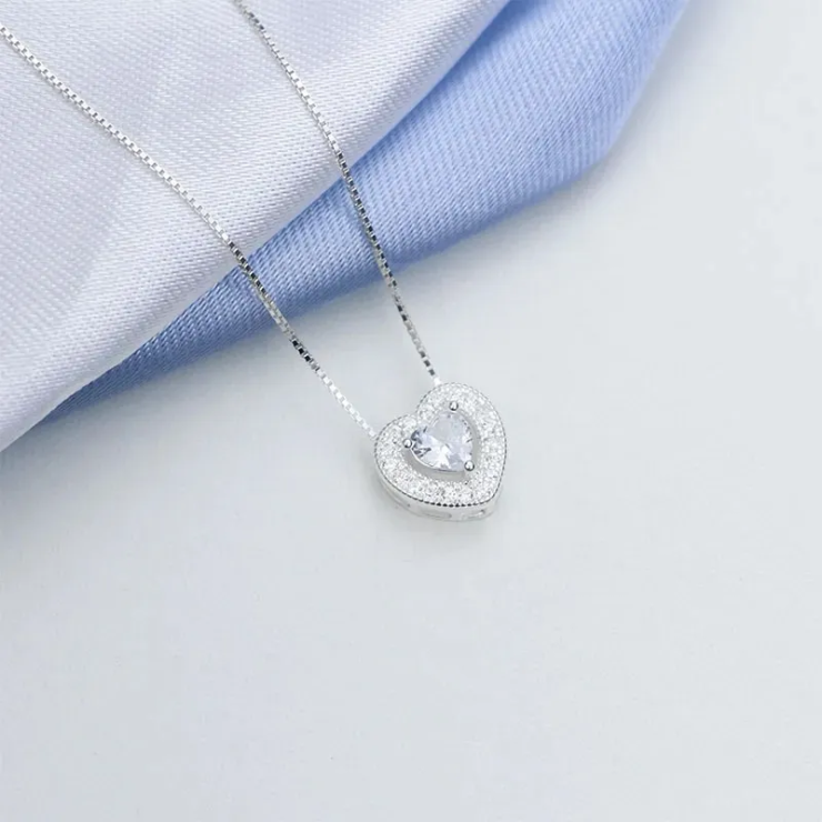 Colar Coração Safira Cristal Cravejado em Prata 925 Esterlina 45cm