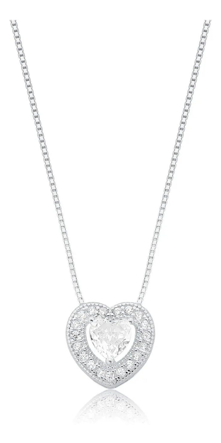 Colar Coração Safira Cristal Cravejado em Prata 925 Esterlina 45cm