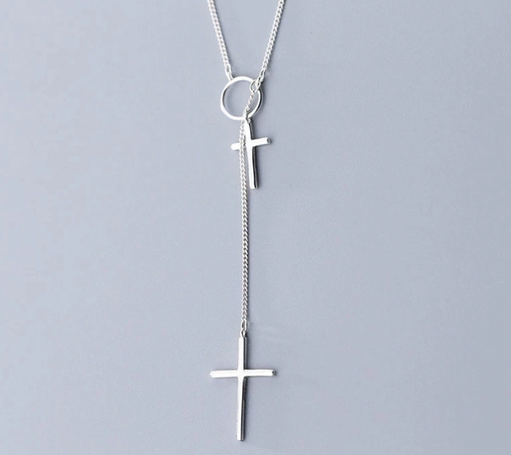 Colar Dupla Camada Crucifixo em Prata 925 Esterlina 45cm