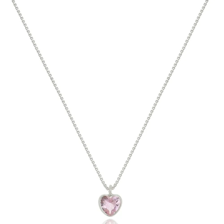 Colar Ponto de Luz Coração Rosa em Prata 925 Esterlina 45cm