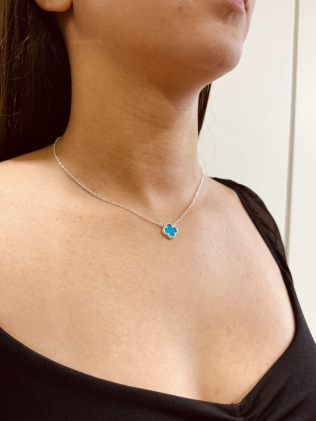 Colar Trevo Van Cleff Azul em Prata 925