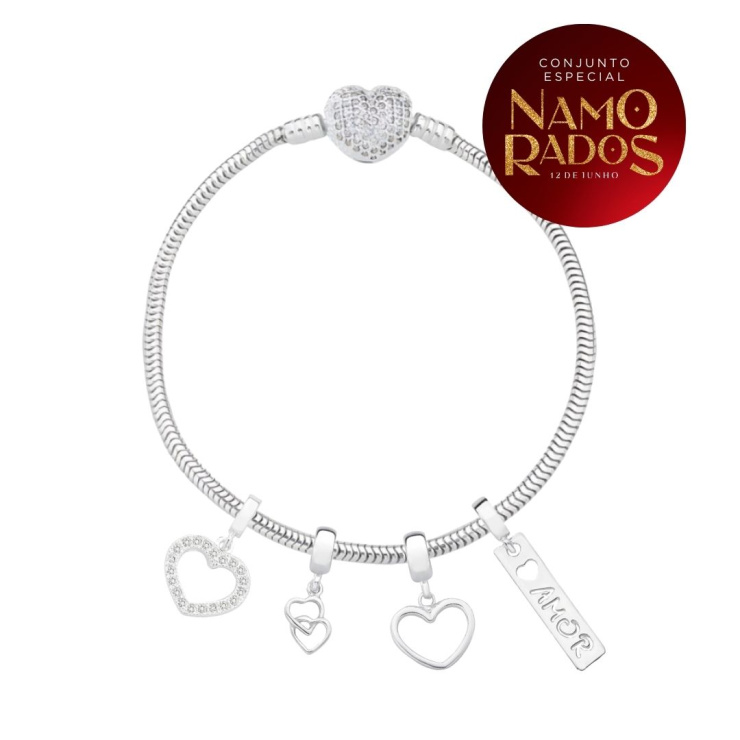 Conjunto Pulseira + Berloques Corações Prata 925 - Especial Dia dos Namorados