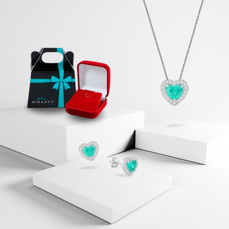 Conjunto Coração Turmalina Cravejado Prata 925 Esterlina 45cm