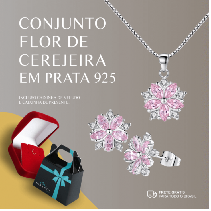 Conjunto Flor de Cerejeira Prata 925 Esterlina 45cm