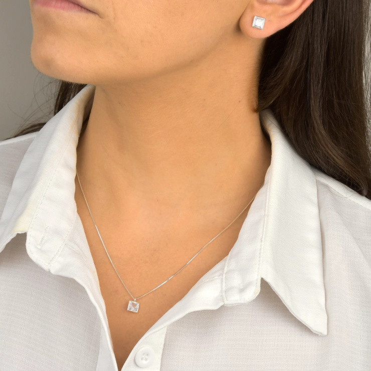 Conjunto Ponto Quadrado Cristal em Prata 925 Esterlina 45cm