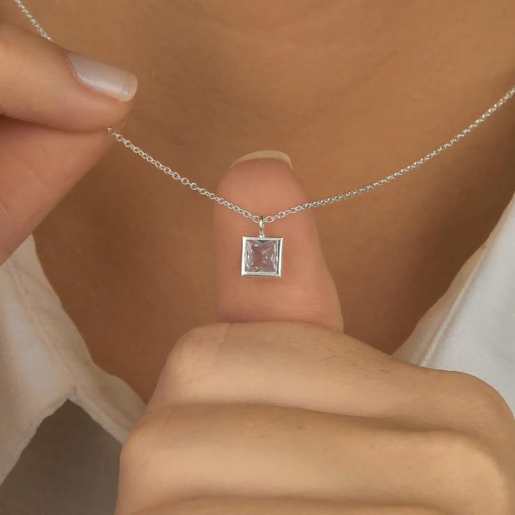 Conjunto Ponto Quadrado Cristal em Prata 925 Esterlina 45cm