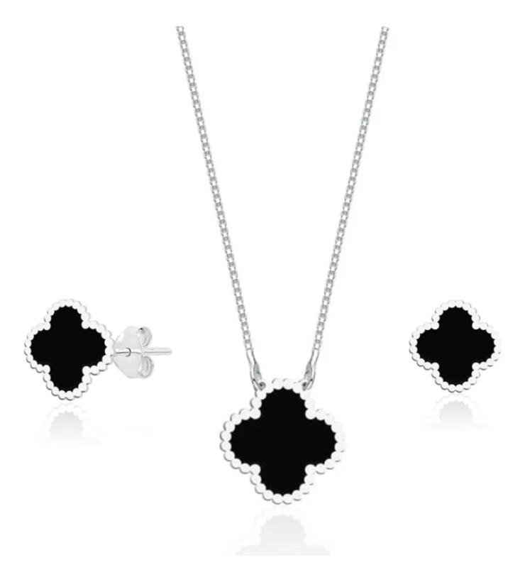 Conjunto Trevo Van Gleff Preto em Prata 925