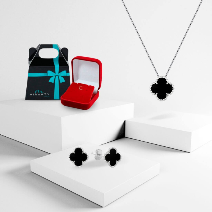 Conjunto Trevo Van Gleff Preto em Prata 925