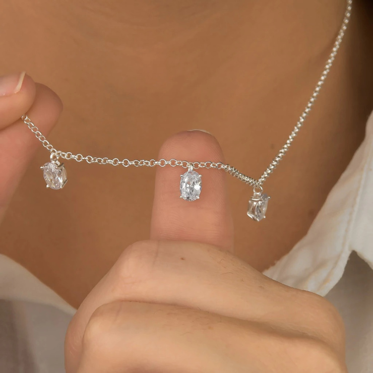 Gargantilha Oval Tripla Cristal Prata 925 Esterlina 45CM