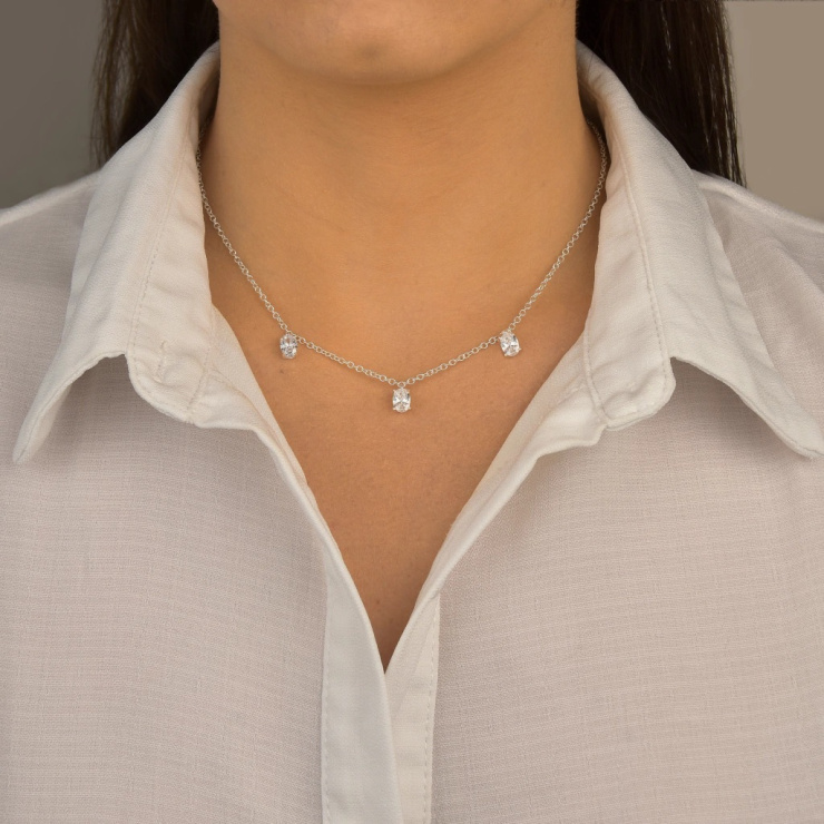 Gargantilha Oval Tripla Cristal Prata 925 Esterlina 45CM