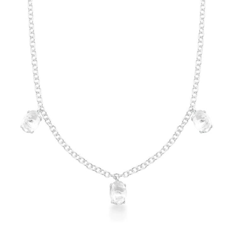 Gargantilha Oval Tripla Cristal Prata 925 Esterlina 45CM